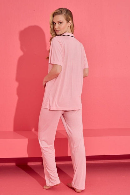 Pink Buttoned Viscose Fabric Women's Pajama Set