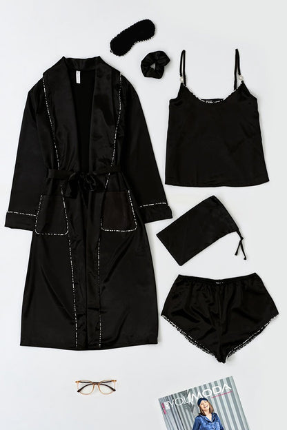 6-Piece Black Set with Leopard Piping Detailed Dressing Gown and Undershirt Shorts