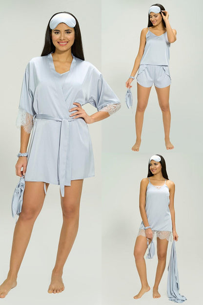 7-Piece Satin Baby Blue Lace Detail Pajama Set