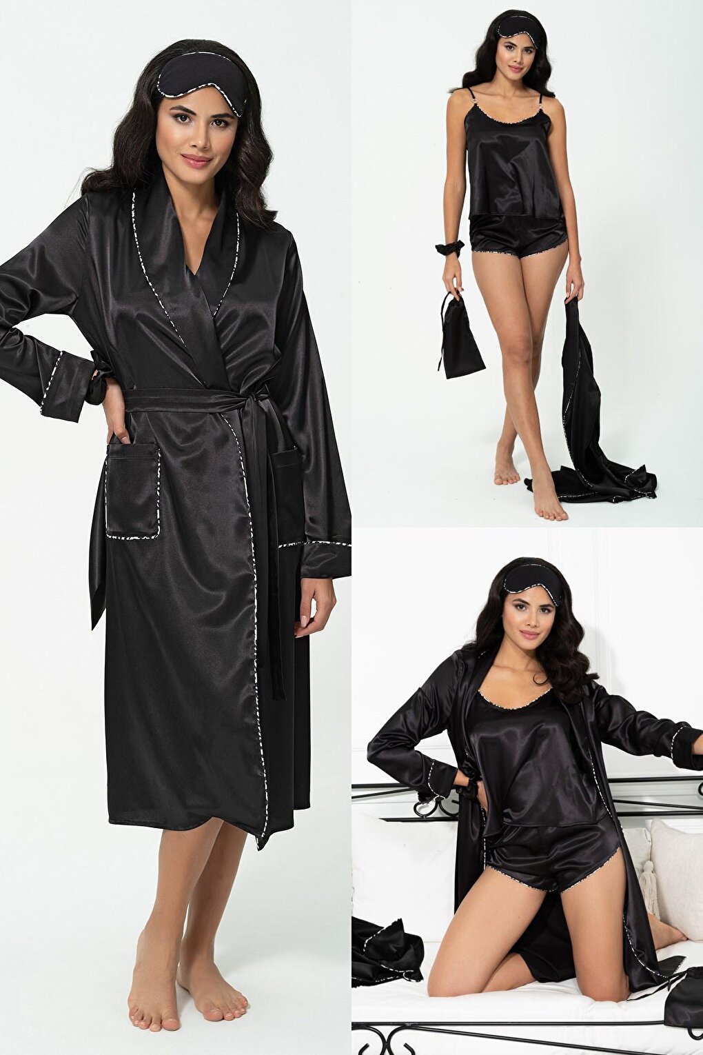 6-Piece Black Set with Leopard Piping Detailed Dressing Gown and Undershirt Shorts