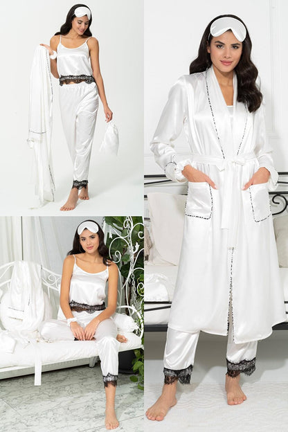 6-Piece Ecru Pajama Set with Lace Detailed Dressing Gown