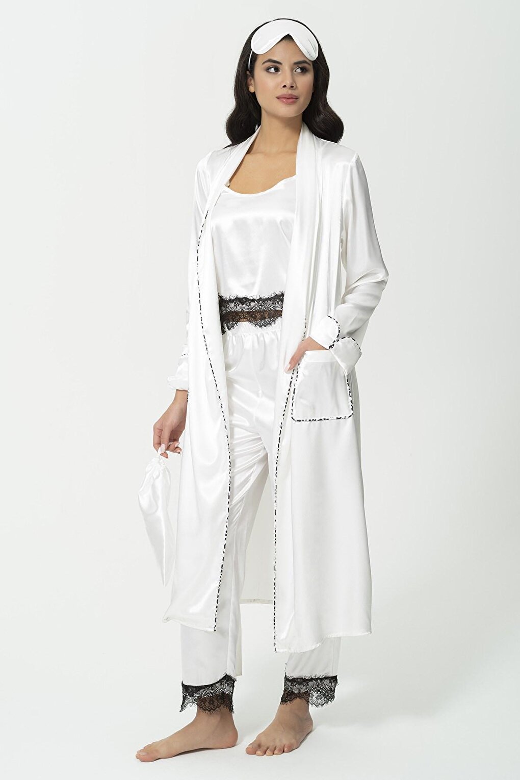 6-Piece Ecru Pajama Set with Lace Detailed Dressing Gown