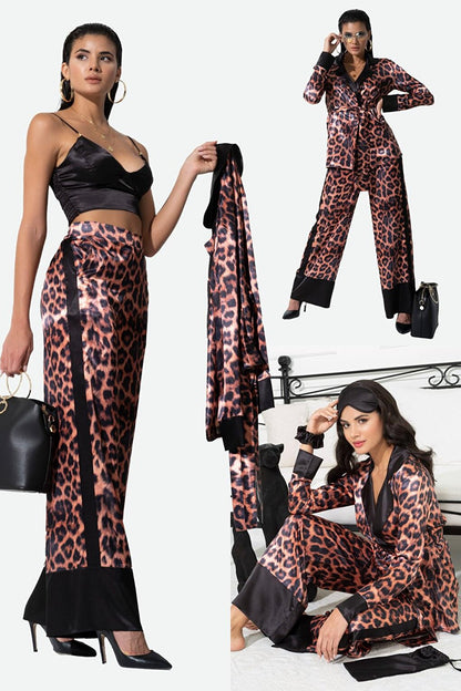 6-Piece Leopard Pattern Black Pajama Set Both Inside and Outside