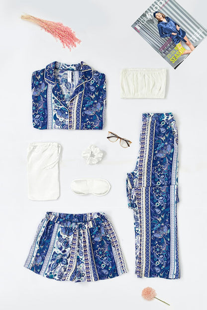 7-Piece Viscose Both Inside and Outside Ethnic Pattern Blue Pajama Set