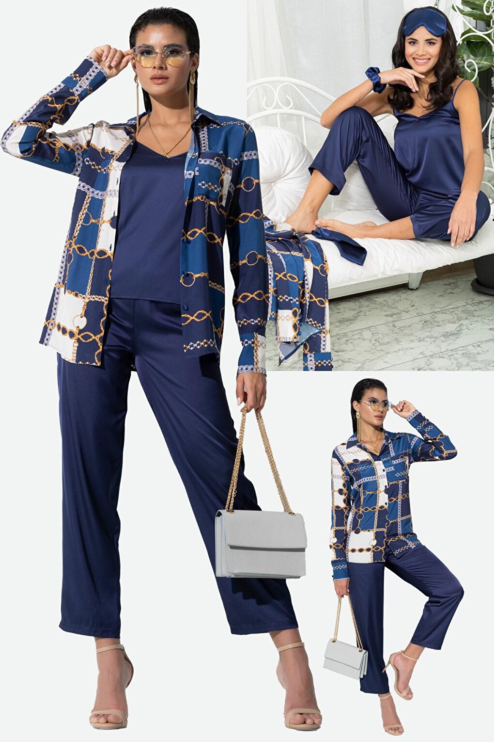 6-Piece Both Inside and Outside Chain Pattern Navy Blue Pajama Set