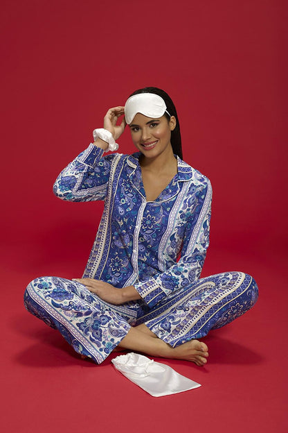 7-Piece Viscose Both Inside and Outside Ethnic Pattern Blue Pajama Set