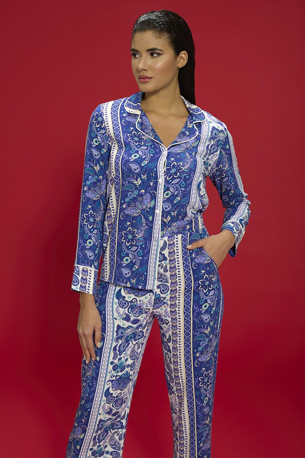 7-Piece Viscose Both Inside and Outside Ethnic Pattern Blue Pajama Set