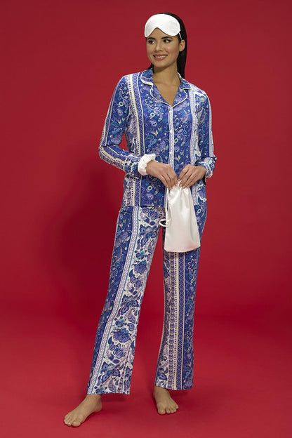 7-Piece Viscose Both Inside and Outside Ethnic Pattern Blue Pajama Set