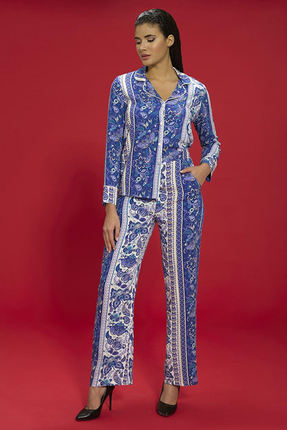 7-Piece Viscose Both Inside and Outside Ethnic Pattern Blue Pajama Set