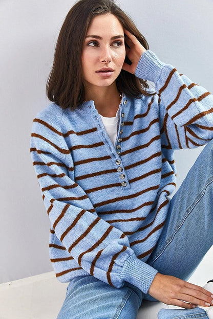 Women's Buttoned Collar Turtleneck Striped Knitwear Sweater