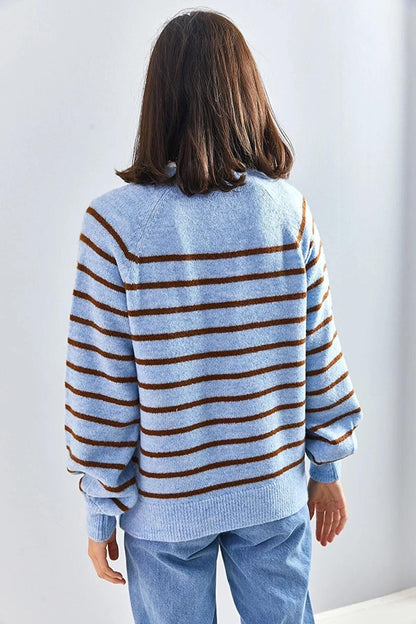 Women's Buttoned Collar Turtleneck Striped Knitwear Sweater