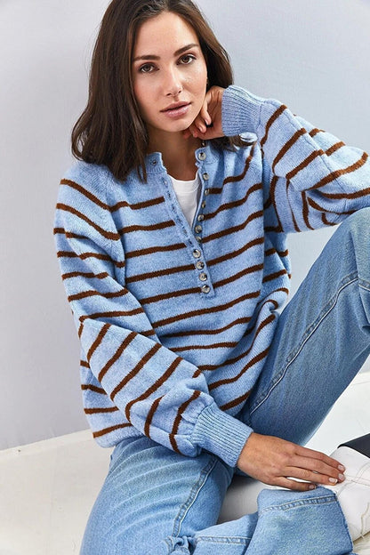 Women's Buttoned Collar Turtleneck Striped Knitwear Sweater