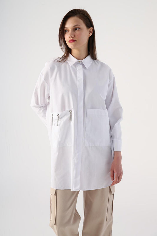 White Large Pocket Eyelet Oversize Shirt