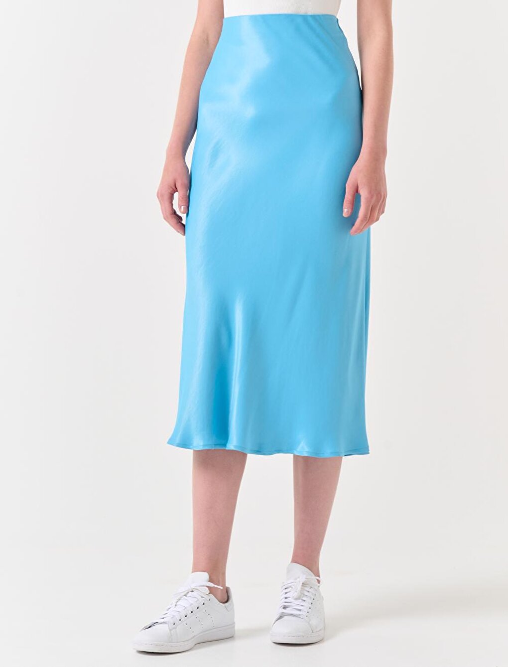 Light Sky Blue Straight Cut High Waist Midi Satin Skirt