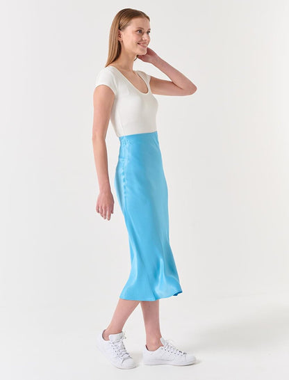 Light Sky Blue Straight Cut High Waist Midi Satin Skirt