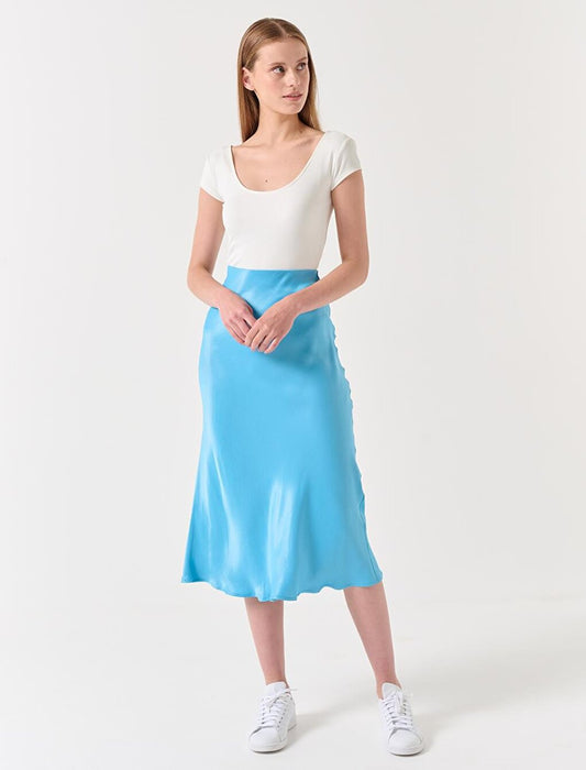 Light Sky Blue Straight Cut High Waist Midi Satin Skirt