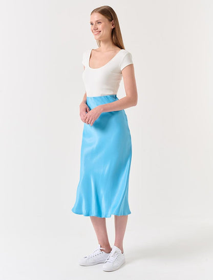 Light Sky Blue Straight Cut High Waist Midi Satin Skirt