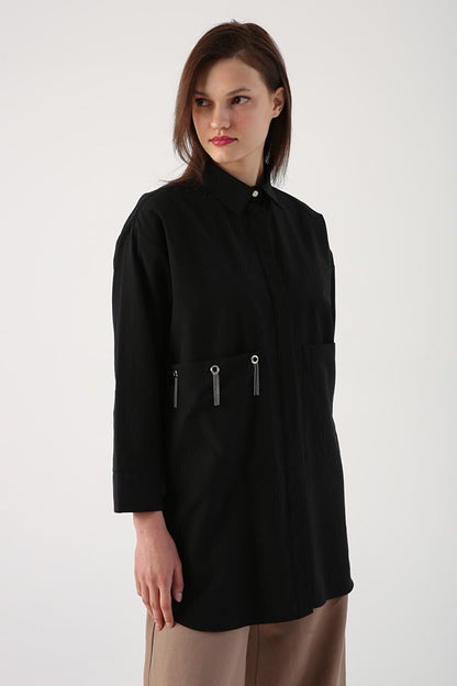 Black Large Pocket Eyelet Oversize Shirt