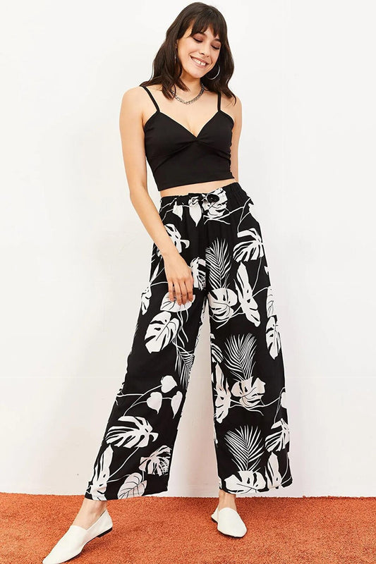 Large Flower Pattern Elastic Waist Belted Wide Leg Trousers - Black