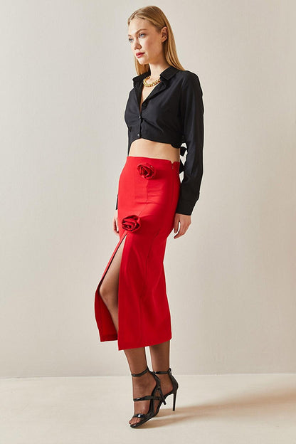 Red Rose Detailed &amp; Slit Midi Skirt 4KXK7-47877-04