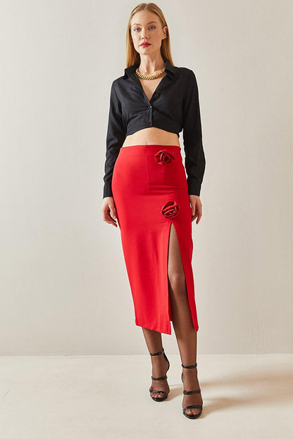 Red Rose Detailed &amp; Slit Midi Skirt 4KXK7-47877-04