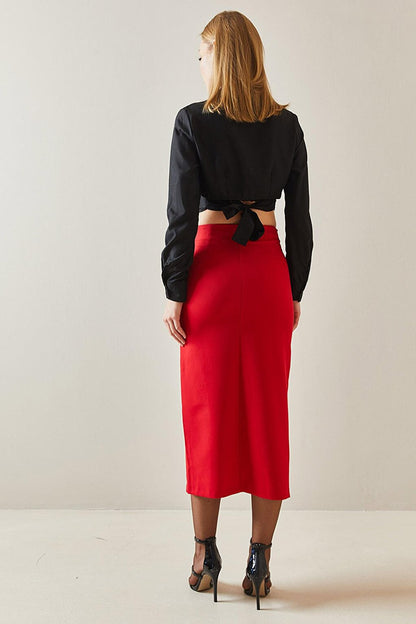 Red Rose Detailed &amp; Slit Midi Skirt 4KXK7-47877-04