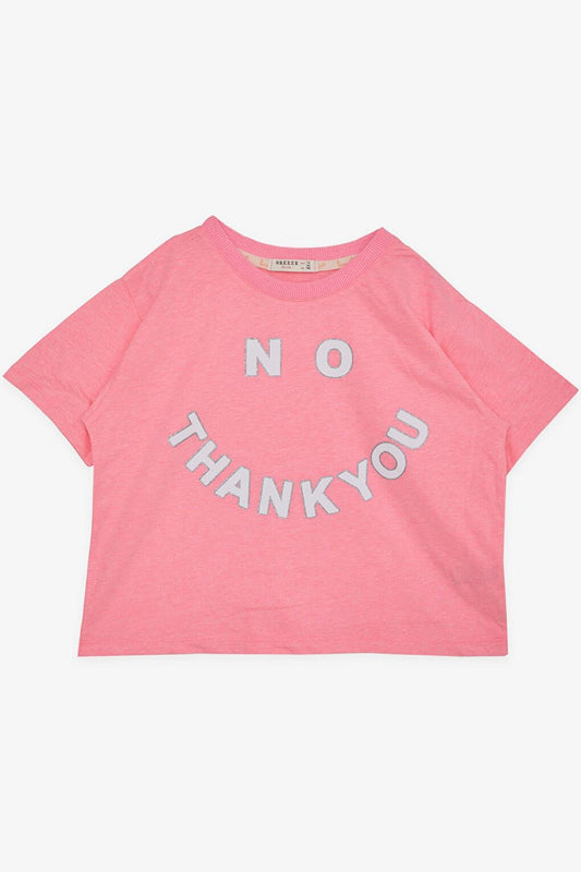 Girl's Crop T-Shirt Glitter Text Printed Neon Pink (Age 9-14)