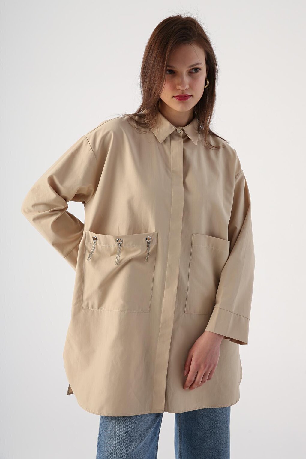 Beige Large Pocket Eyelet Oversize Shirt