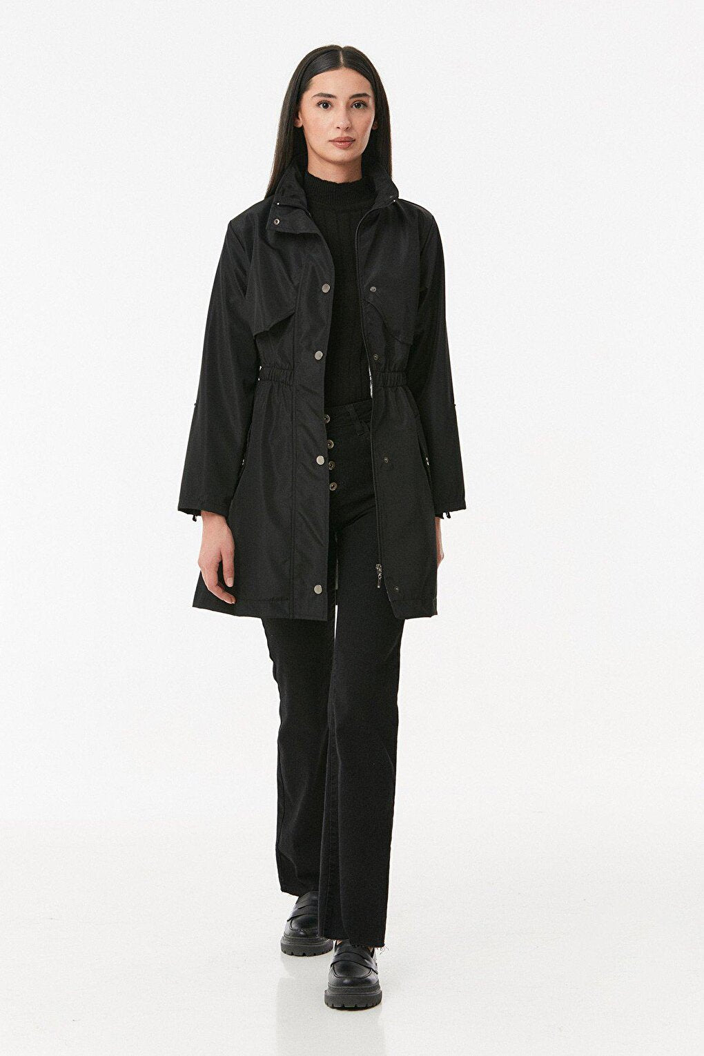 Trench Coat with Folded Sleeves and Elastic Waist