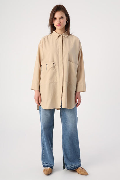 Beige Large Pocket Eyelet Oversize Shirt