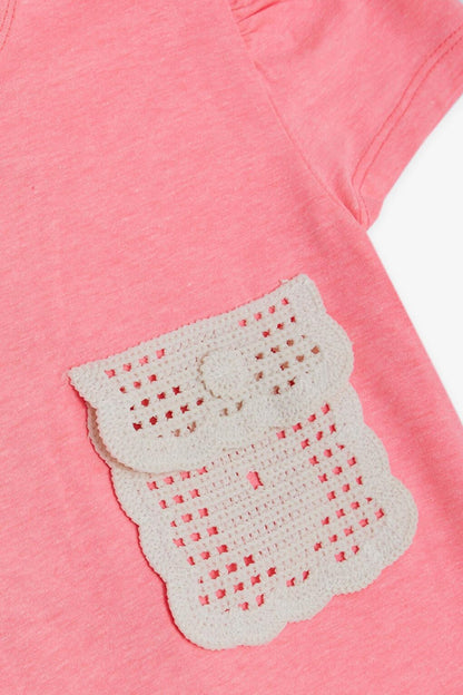 Girl's T-Shirt with Knitted Pocket Detail, Neon Pink (Ages 6-12)