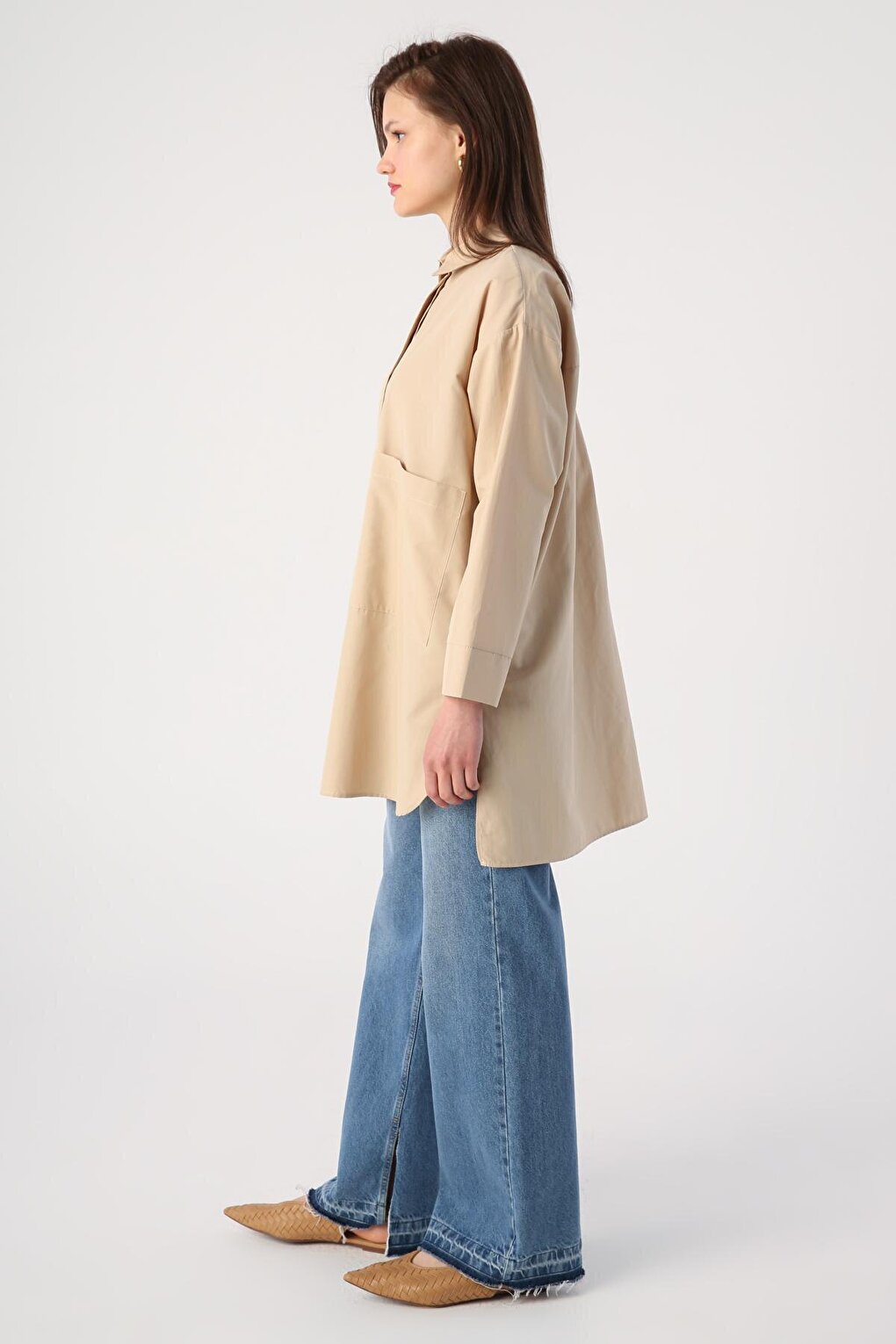 Beige Large Pocket Eyelet Oversize Shirt