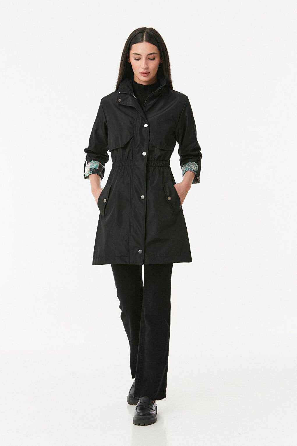 Trench Coat with Folded Sleeves and Elastic Waist