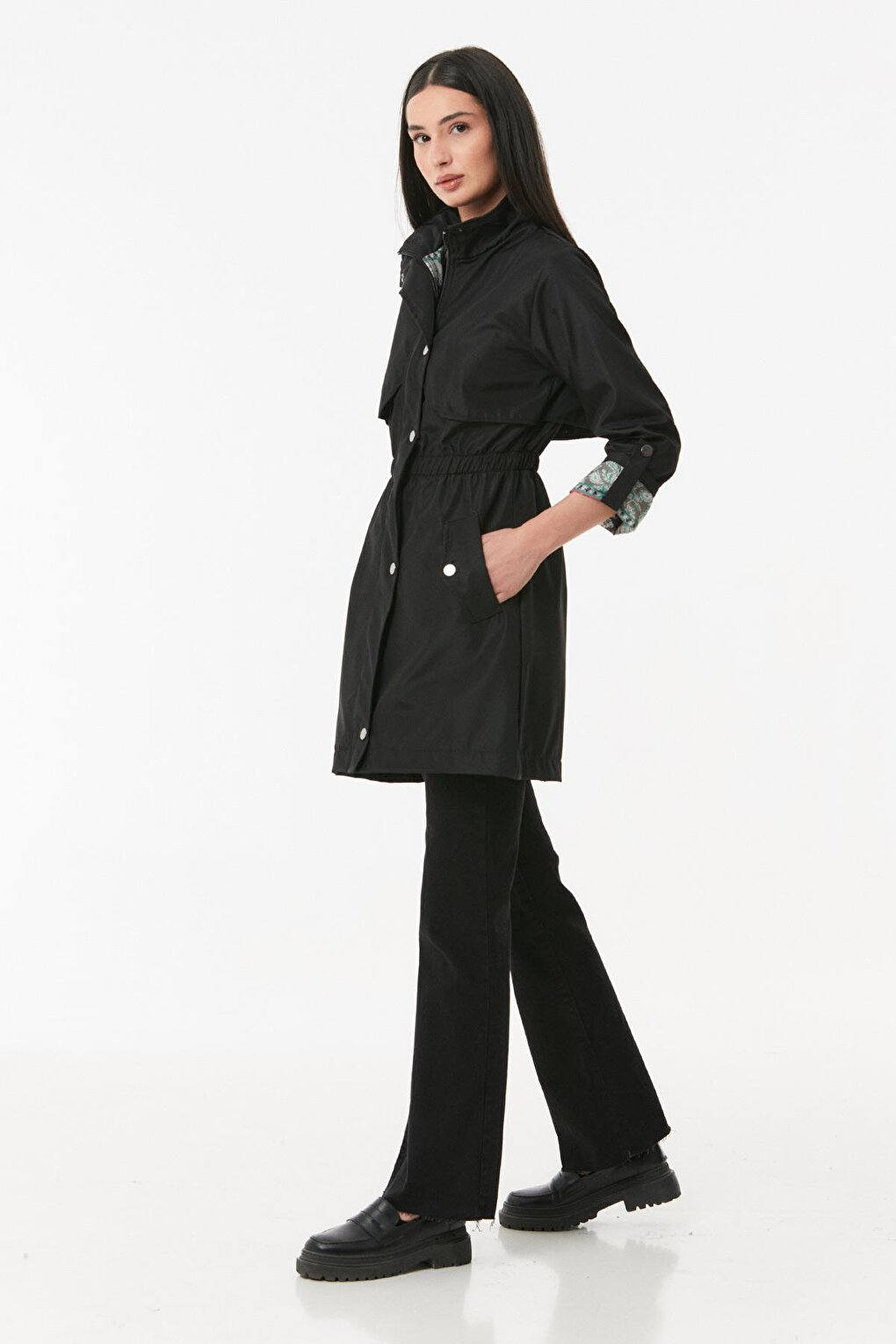 Trench Coat with Folded Sleeves and Elastic Waist