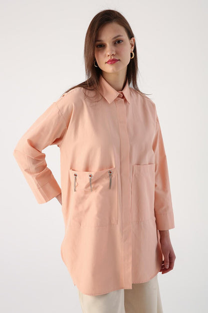 Salmon Large Pocket Eyelet Oversize Shirt