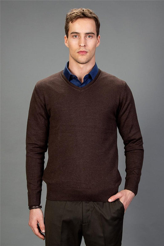 Slim Fit V-Neck Cotton Men's Brown Sweater