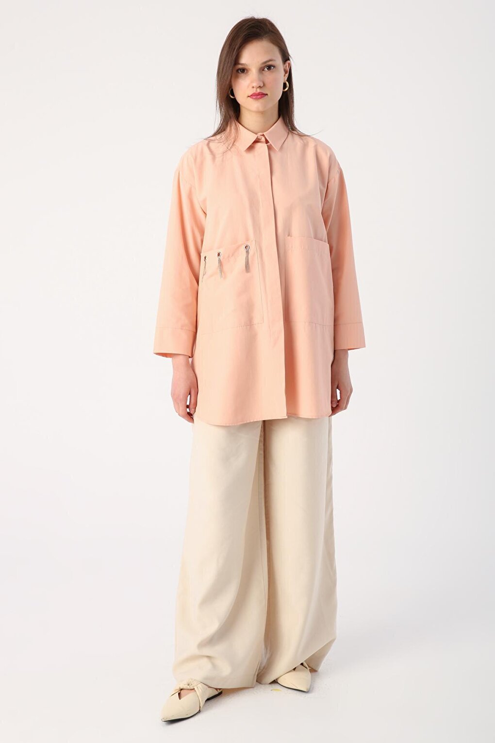 Salmon Large Pocket Eyelet Oversize Shirt