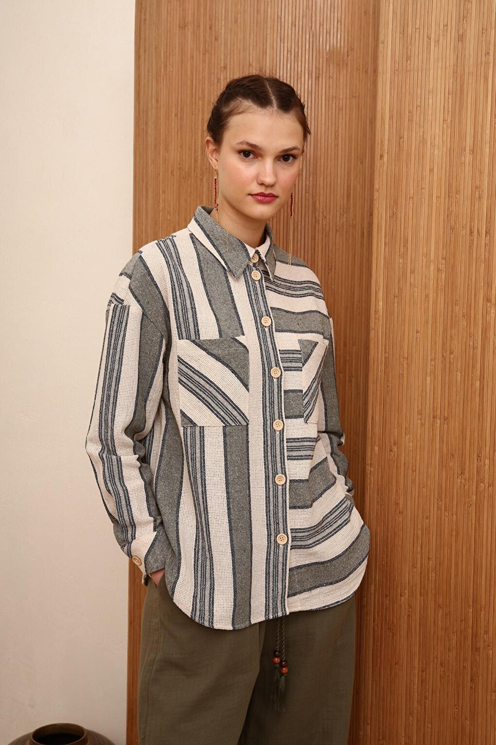 Black-Khaki Cotton Striped Shirt with Pockets and Slits on the Sides