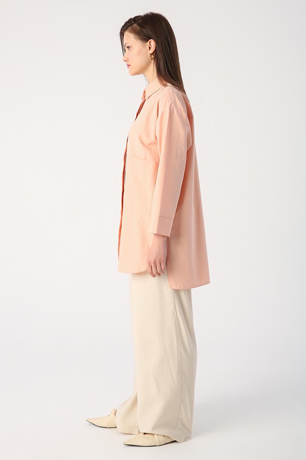 Salmon Large Pocket Eyelet Oversize Shirt