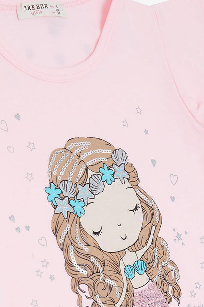 Girl's T-Shirt Cute Mermaid Printed Pink (Age 3-4)