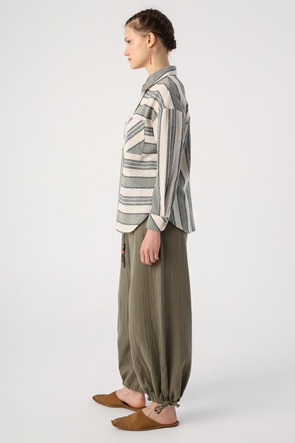 Black-Khaki Cotton Striped Shirt with Pockets and Slits on the Sides