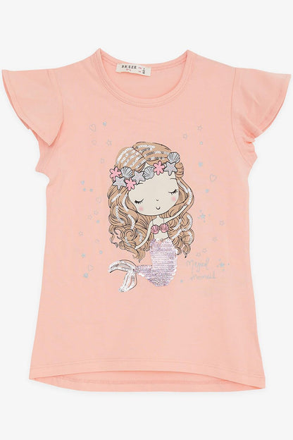 Girl's T-Shirt Cute Mermaid Printed Salmon (Age 3-5)