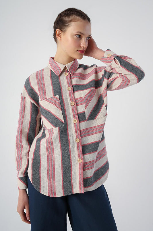 Black-Red Cotton Striped Shirt with Pockets and Side Slits