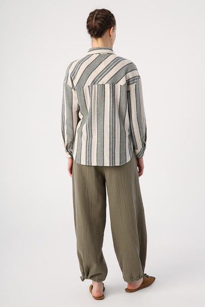 Black-Khaki Cotton Striped Shirt with Pockets and Slits on the Sides