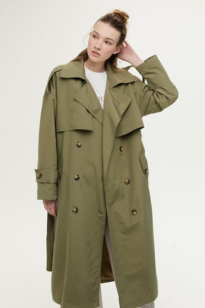 Buttoned Double Breasted Trench Coat Khaki