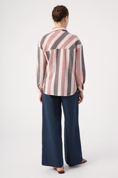 Black-Red Cotton Striped Shirt with Pockets and Side Slits