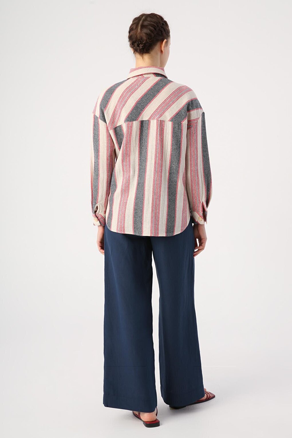 Black-Red Cotton Striped Shirt with Pockets and Side Slits