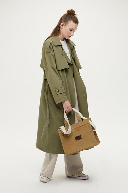 Buttoned Double Breasted Trench Coat Khaki