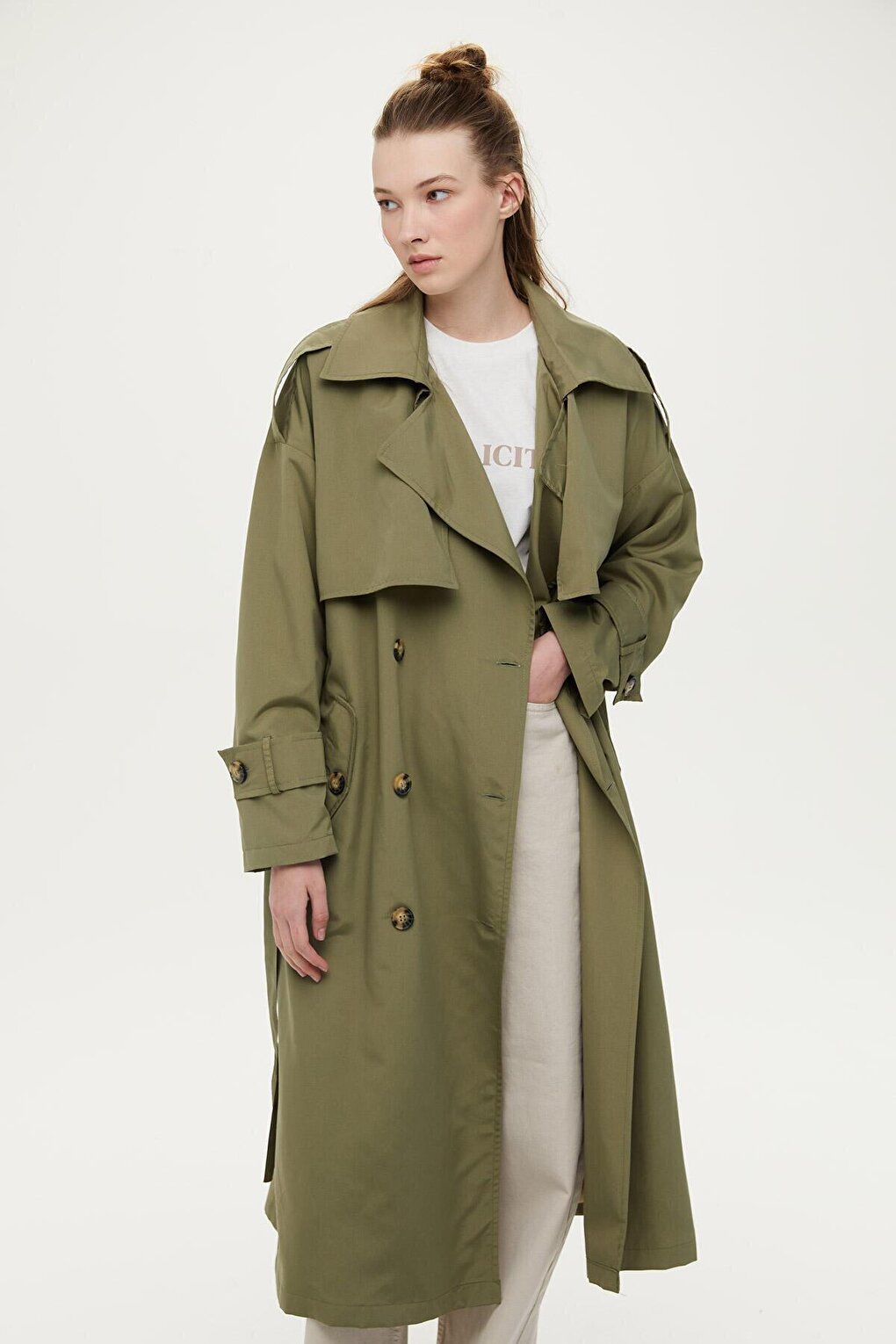 Buttoned Double Breasted Trench Coat Khaki