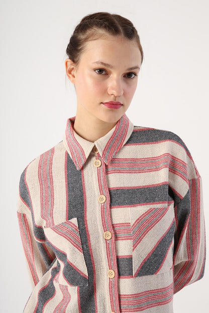 Black-Red Cotton Striped Shirt with Pockets and Side Slits